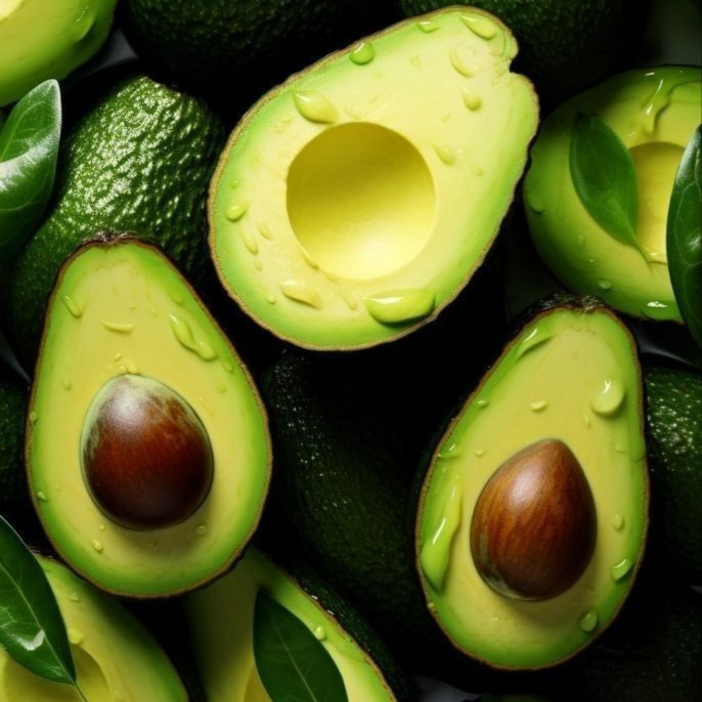 Avocats frais, entiers et coupés, révélant leur chair verte onctueuse et leur noyau. Riche en nutriments et en acides gras essentiels, cet ingrédient naturel est idéal pour l’alimentation et les soins cosmétiques hydratants.